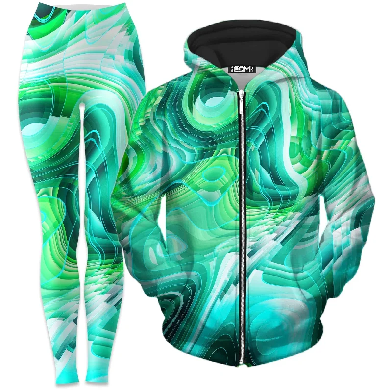 Comfortable Fashion Green Schism Zip-Up Hoodie and Leggings Combo