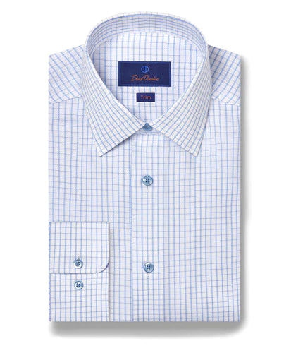 Tailored Coats David Donahue White & Blue Grid Check Dress Shirt (Trim Fit)