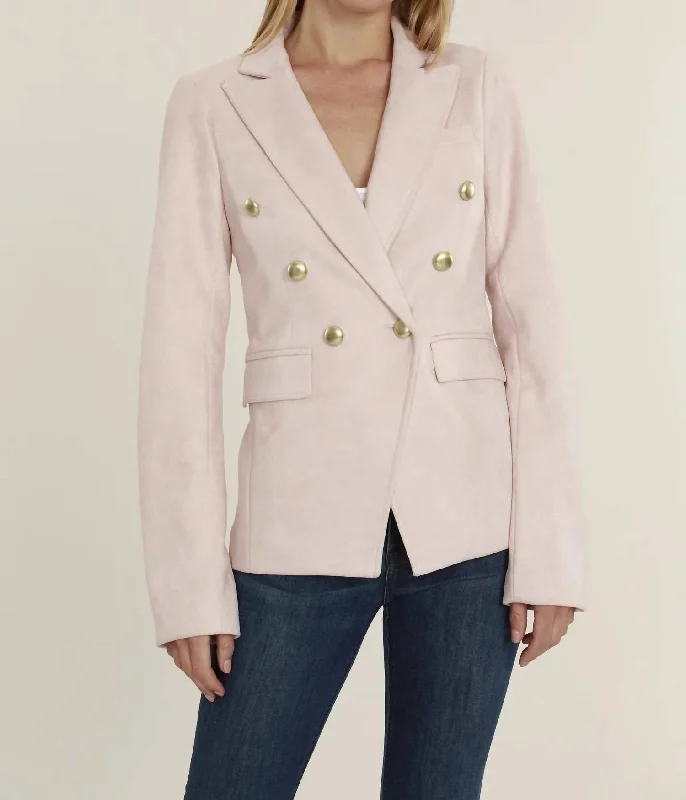 Retro Prints Faux Suede Double Breasted Blazer In Pale Pink