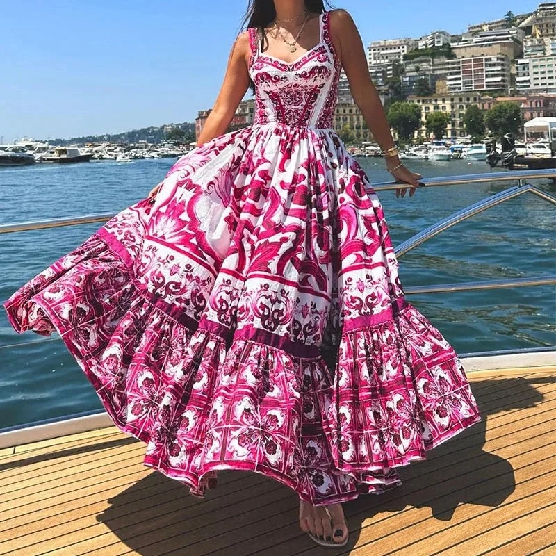 Classic Retro Kiko Porcelain Print Maxi Dress in Pink