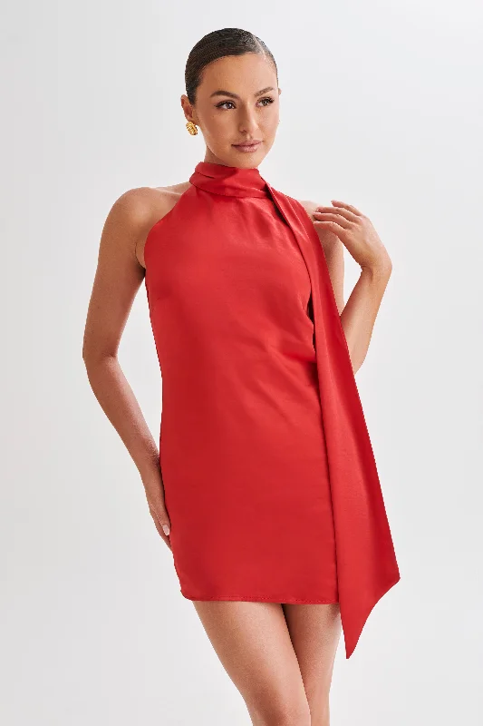 Exquisite Tailoring Aubriella Halter Mini Dress With Tie - Red