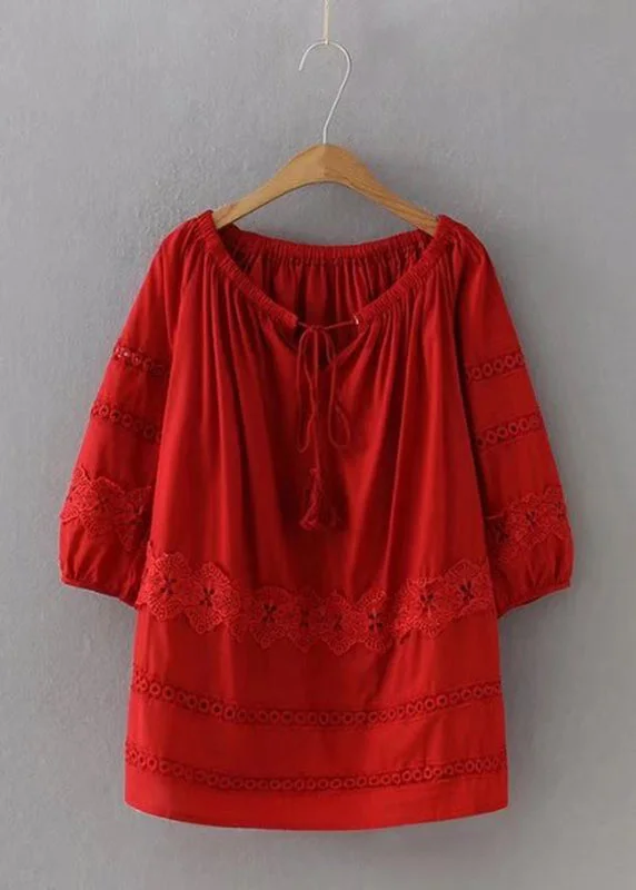 Tropical Style Chic Red Lace Patchwork Hollow Out Shirt Long Sleeve