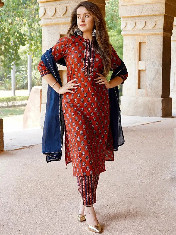 Fashion Innovation Rust Printed Cotton Straight Suit With Dupatta