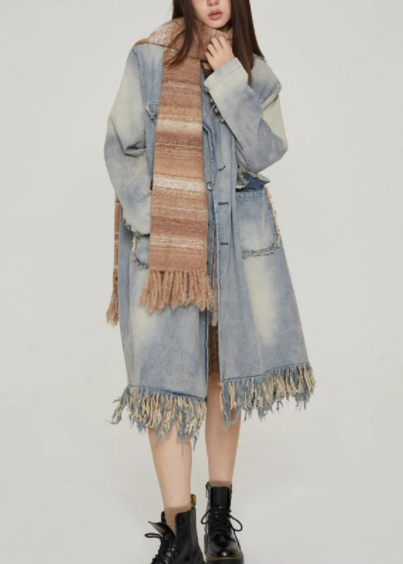 Personalized Series Vintage Blue Tasseled Pockets Patchwork Denim Long Coats Fall