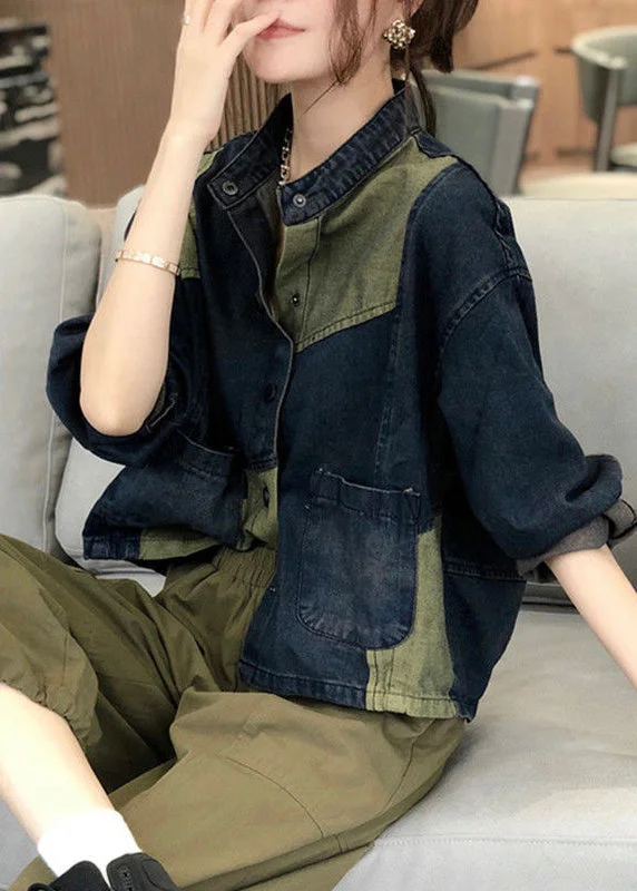 Leisure Sports Vintage Stand Collar Pockets Patchwork Denim Coats Fall