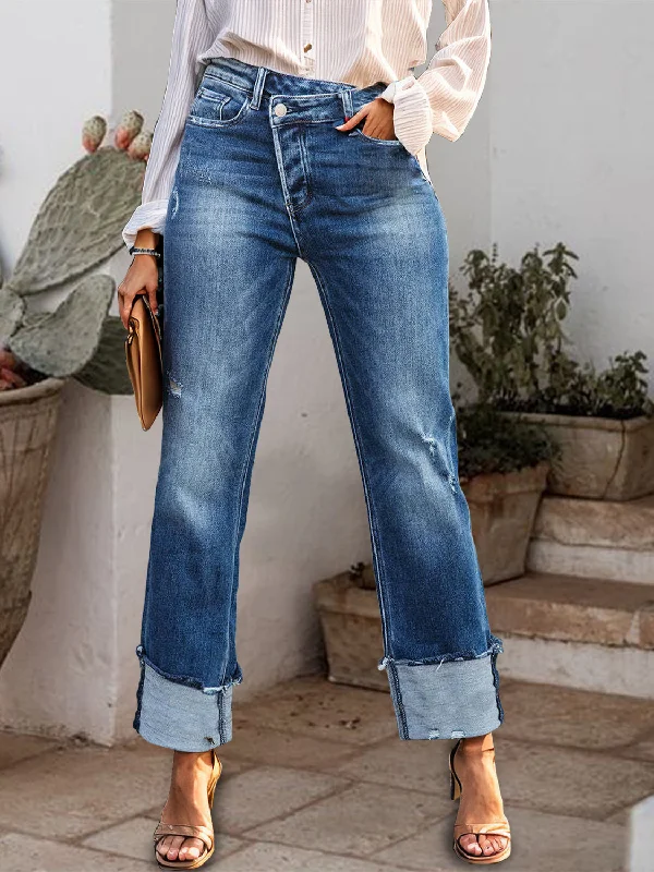High Street Series Stepped Waist Raw Hem Rolled Straight Jeans