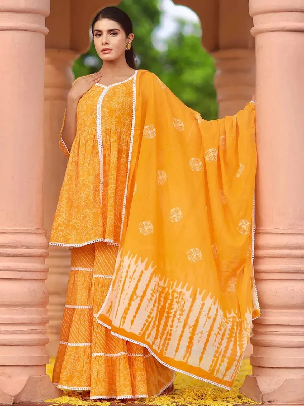 Elegant Design Mustard Printed Pure Cotton A-Line Kurti With Sharara & Dupatta
