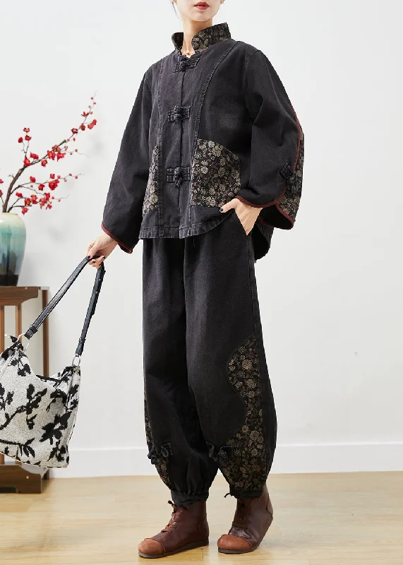 Youthful Style Vintage Black Stand Collar Patchwork Print Denim 2 Piece Outfit Fall