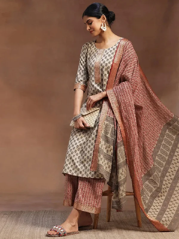 Fresh Wear Beige Printed Cotton Straight Suit With Dupatta