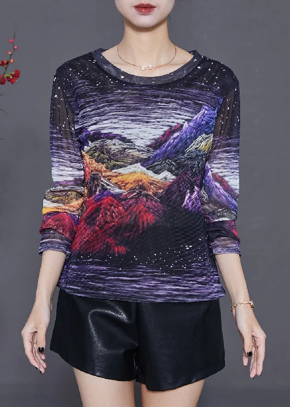 Street Fashion Beautiful Black Print Hollow Out Tulle Top Summer