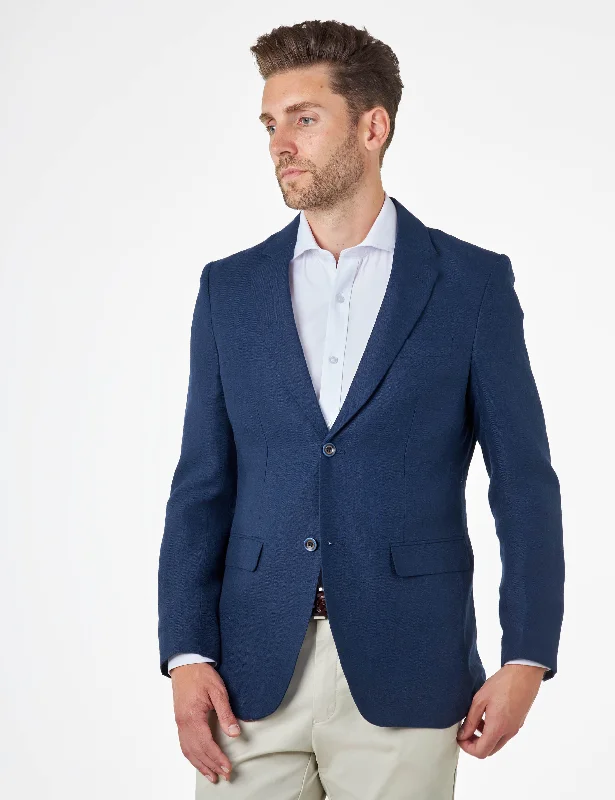 High-end Jackets RAY - Tailored Fit Navy Herringbone Linen Suit Jacket