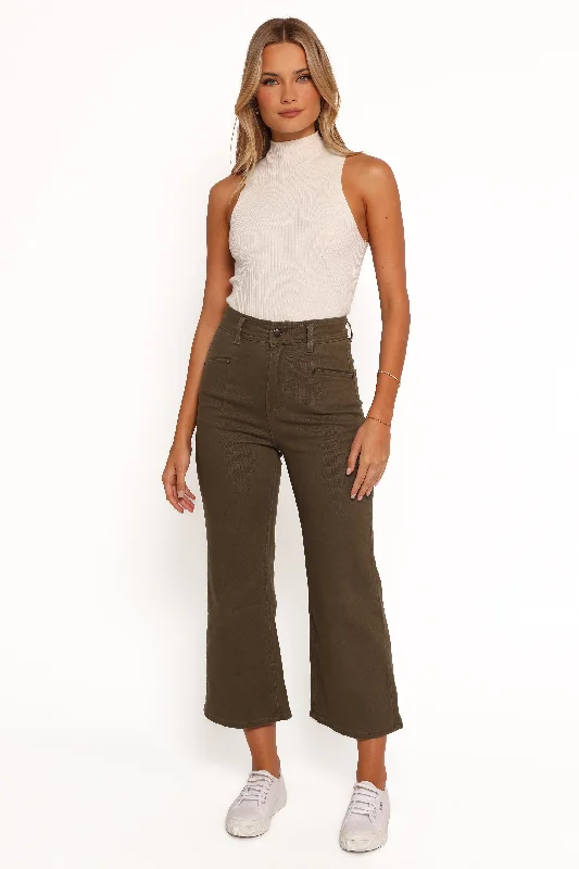 Simple Design Georgette High Waisted Straight Leg Pants - Olive