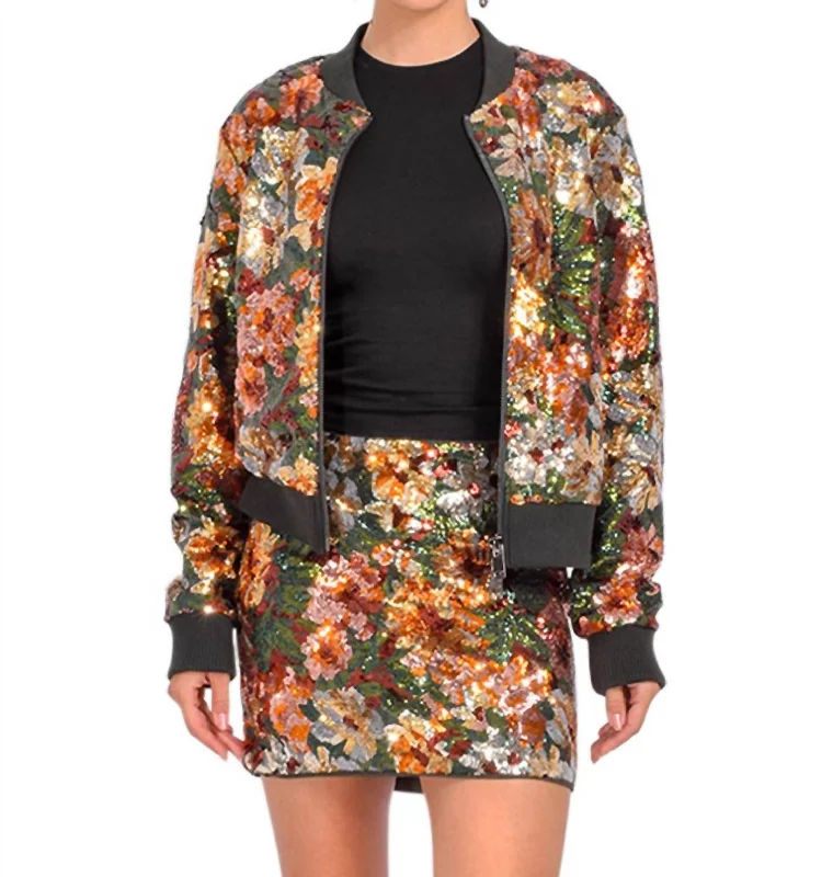 Must-have For Autumn And Winter Floral Sequin Bomber Jacket In Olive