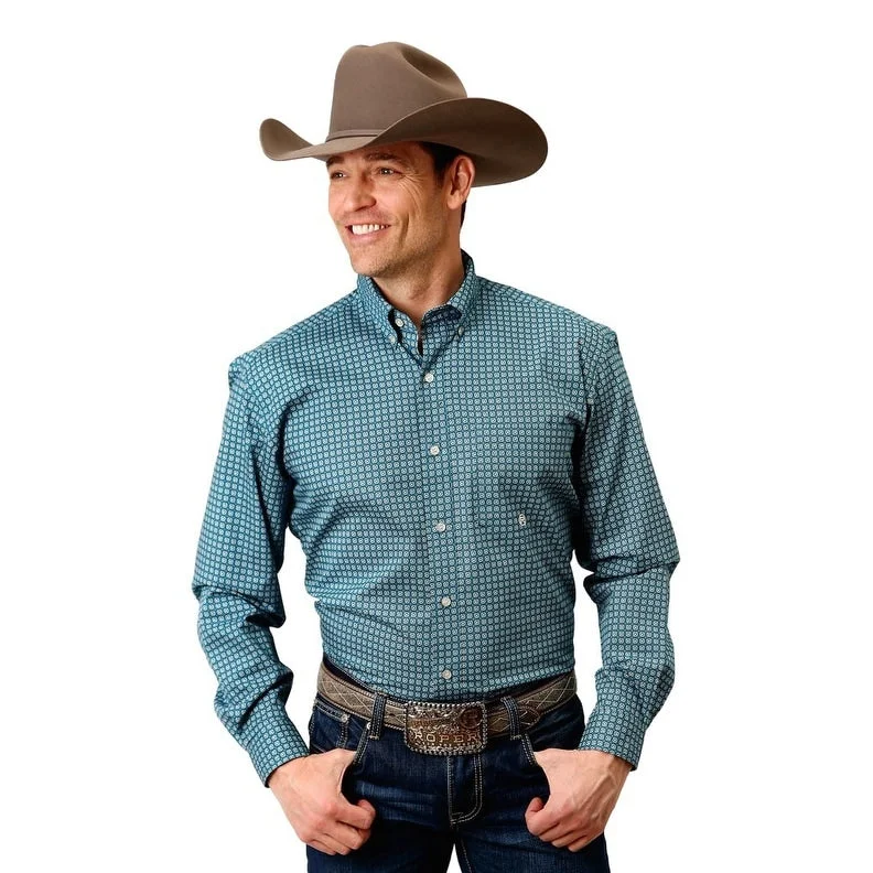 Casual Chinos Roper Western Shirt Mens L/S Azure Neat Blue 03-001-0326-6006 BU