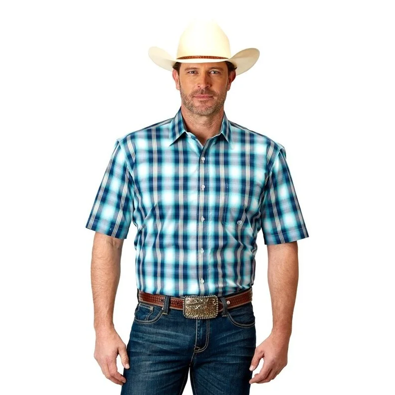 Casual Comfort Roper Western Shirt Mens S/S Amarillo Plaid Blue 03-002-0379-2094 BU
