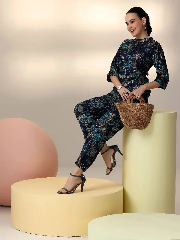 Celebrity Must-have Blue Printed Silk Blend Co-Ords