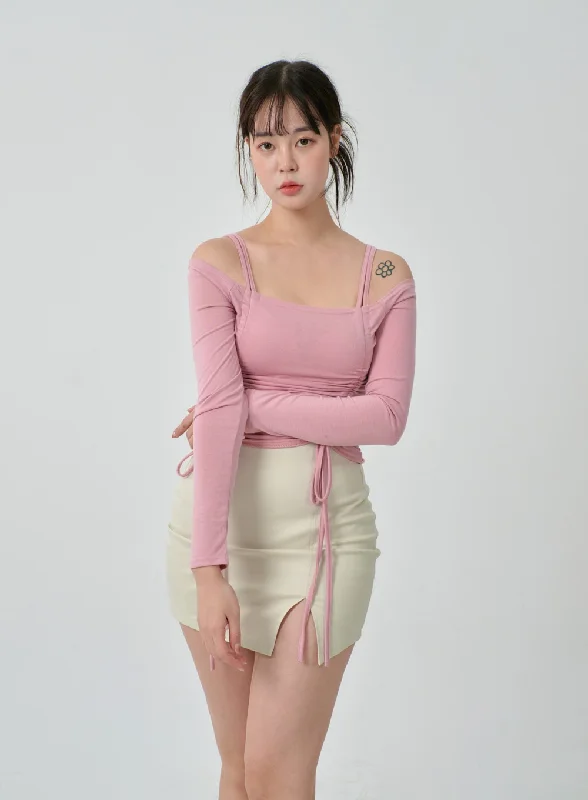 Cute Design Off-Shoulder Double Front Tie Ruched Top IJ304