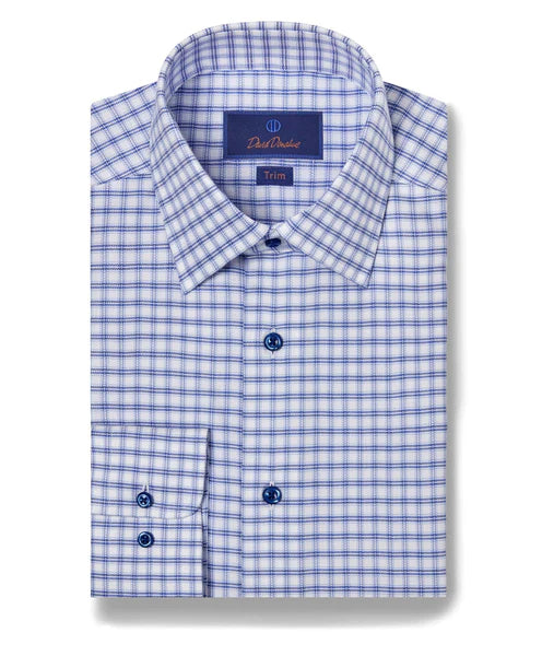Cozy Fit David Donahue Blue & White Herringbone Check Dress Shirt (Trim Fit)