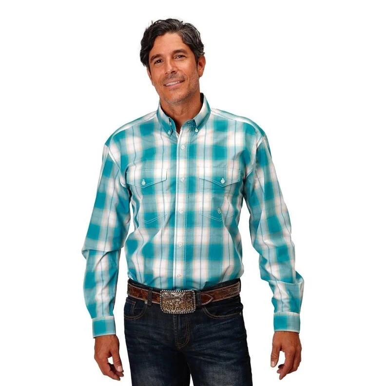 Designer Gloves Roper Western Shirt Mens L/S Ombre Turquoise 03-001-0378-4046 BU