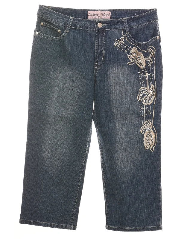 Design Trend Cropped Stonewash Y2K Floral Embroidered Jeans - W32 L19