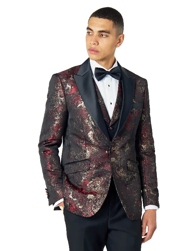 Stylish Sweaters ALINO – MAROON GOLD PRINTED TUXEDO DINNER JACKET