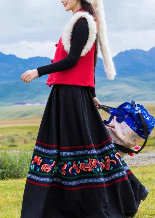Fashionable And Fashionable DIY black Cotton quilting clothes pleated tunic embroidery skirt Fashionable And Fashionable DIY black Cotton quilting clothes pleated tunic embroidery skirt