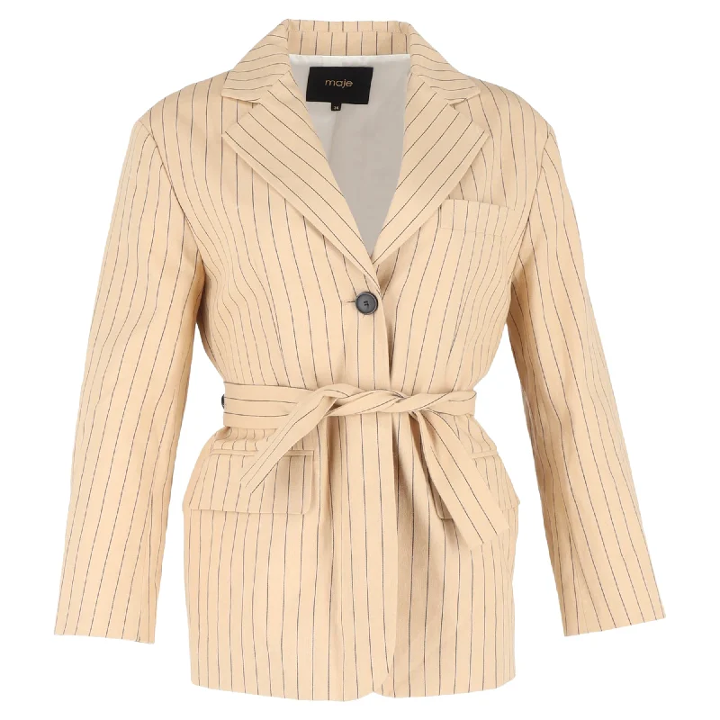 Simple Matching Maje Pinstriped Belted Balzer in Nude Cotton