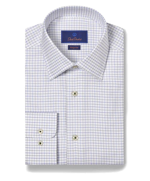 Comfortable Outfits David Donahue White & Green Dobby Check Dress Shirt (Regular Fit)