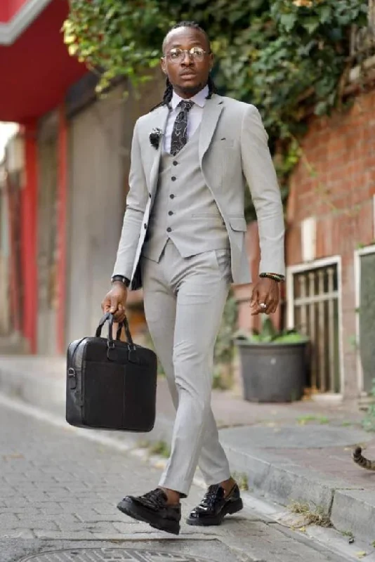 Street Hoodies Grey three-piece slim fit formal suit for men