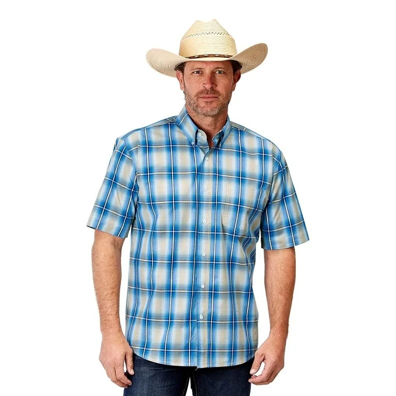 Urban Comfort Roper Western Shirt Mens S/S Plaid Ombre Blue 03-002-0379-2098 BU