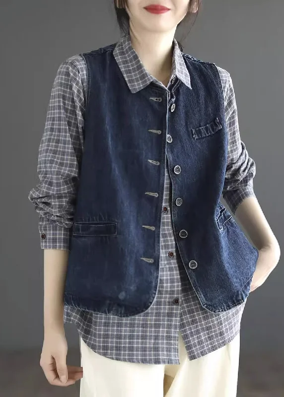 Basic Version Vintage Dark Blue O-Neck Pockets Denim Waistcoat Sleeveless