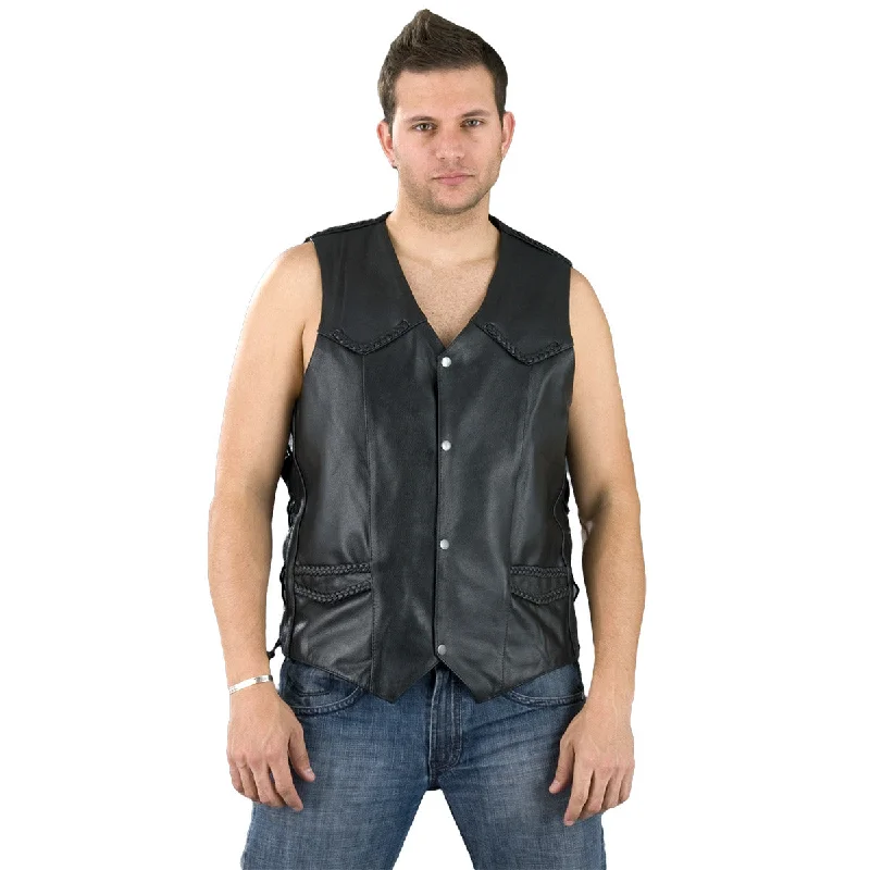 Street Style Milwaukee Leather SH1314TALL Men's Classic Black Braided Leather Vest with Side Laces