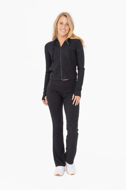 Simple Matching Black Ribbed Foldover Flared Pants