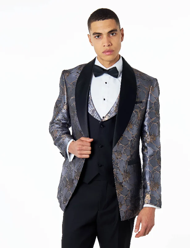 Lounge Wear JASON - GREY BLUE FLORAL PRINTED PARTY TUXEDO JACKET
