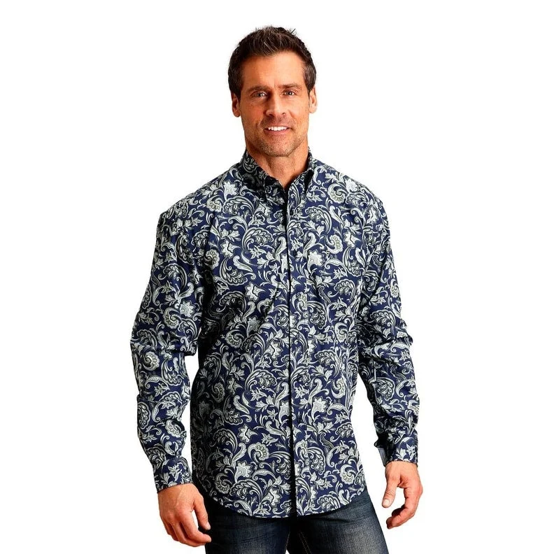 Sporty Look Stetson Western Shirt Mens L/S Paisley Button Blue 11-001-0526-0176 BU