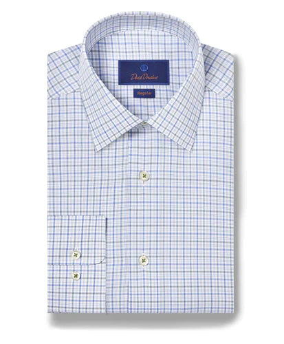 Effortless Comfort David Donahue Blue & Grass Poplin Check Dress Shirt (Regular Fit)