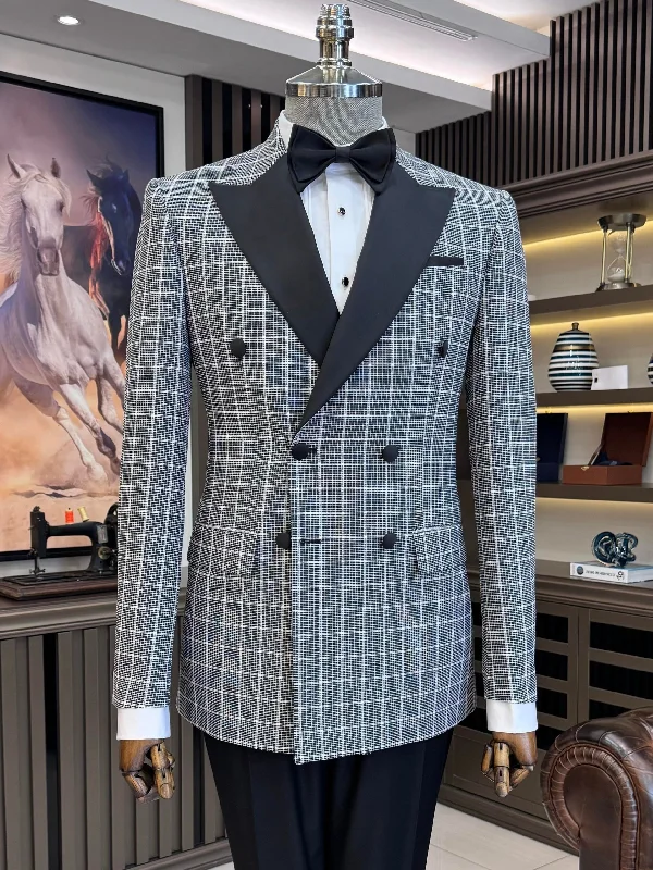 Long Trench Coats Grey Plaid Double Breasted Tuxedo 2-Piece