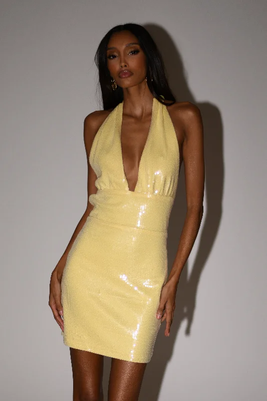 Unique Prints Carleigh Sequin Halter Mini Dress - Lemon