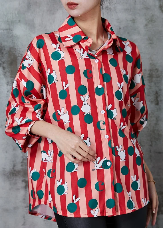 Fashion Selection Diy Red Rabbit Striped Silk Shirt Tops Spring