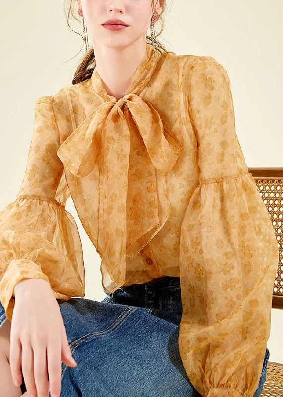 Youthful Style Elegant Orange Stand Collar Chiffon Top Lantern Sleeve