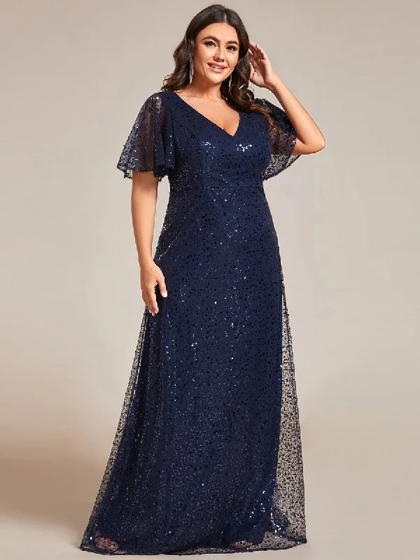 Floral Prints Dana | Plus Size See-Through Short Sleeves Maxi Sequin Formal Evening Dress
