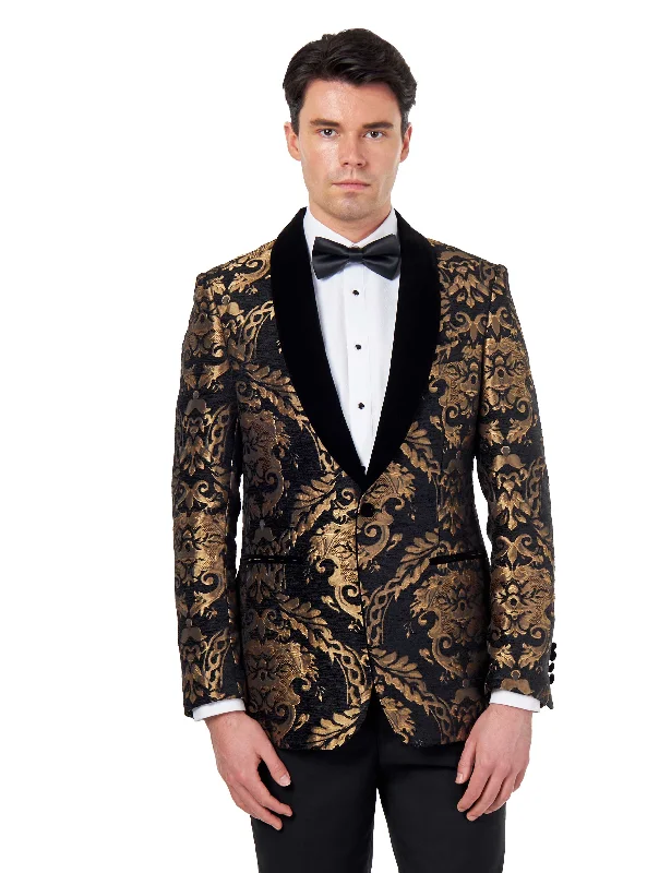 Urban Apparel GLEN – TUXEDO JACKET GOLD ORNATE JACQUARD PRINT ON BLACK