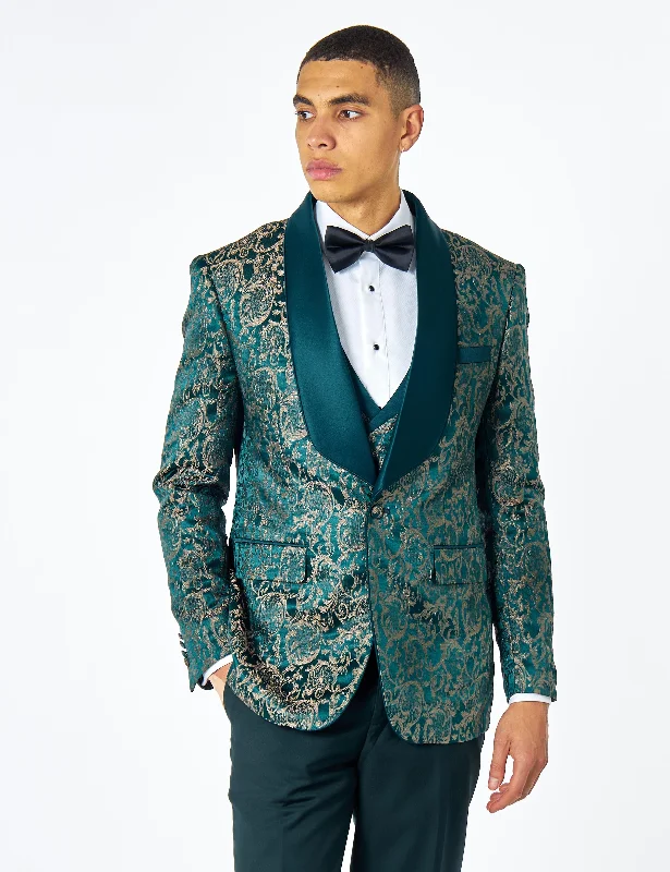 Minimalist Style LOUIS – GREEN DINNER TUXEDO JACKET GOLD JACQUARD PRINT