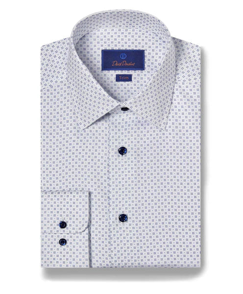 Easygoing Fashion David Donahue White & Blue Geometric Dot Print Dress Shirt (Trim Fit)