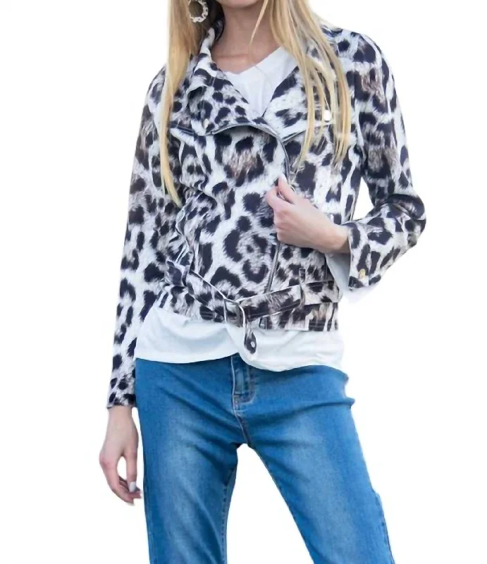 Comfortable Mind Leopard Print Faux Suede Biker Jacket In Cream