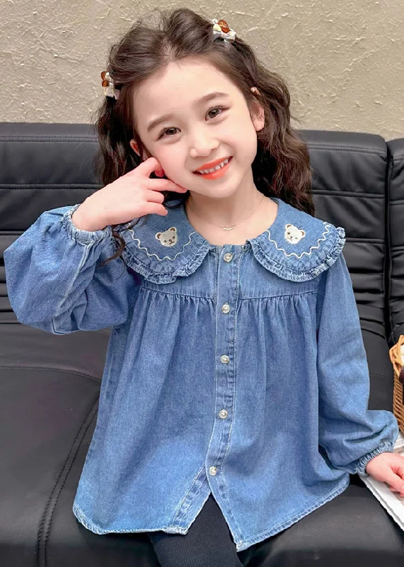 Artistic Temperament Cute Blue Peter Pan Button Collar Girls Shirt Long Sleeve