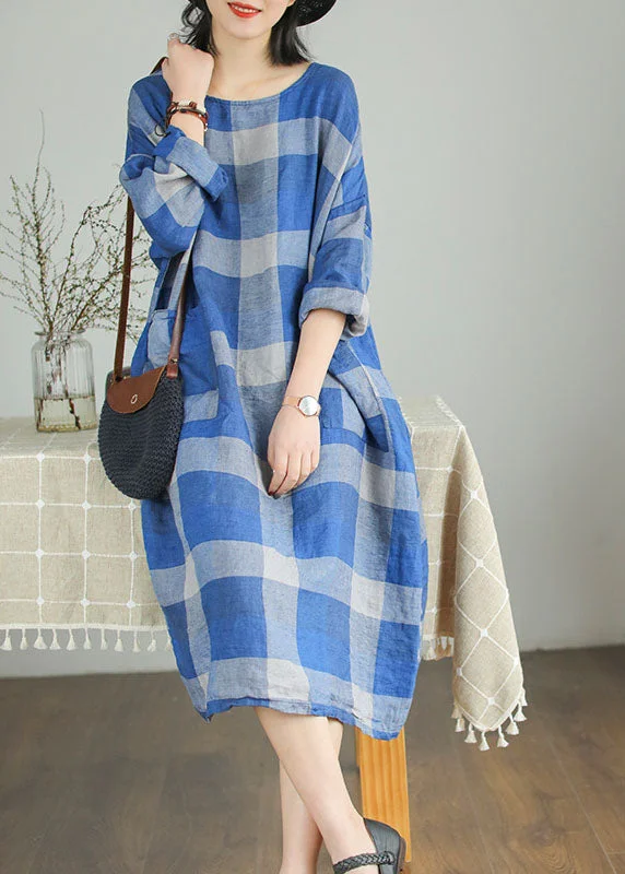 Celebrity Must-have Modern Blue Loose Plaid Patchwork Linen Fall Maxi Dress