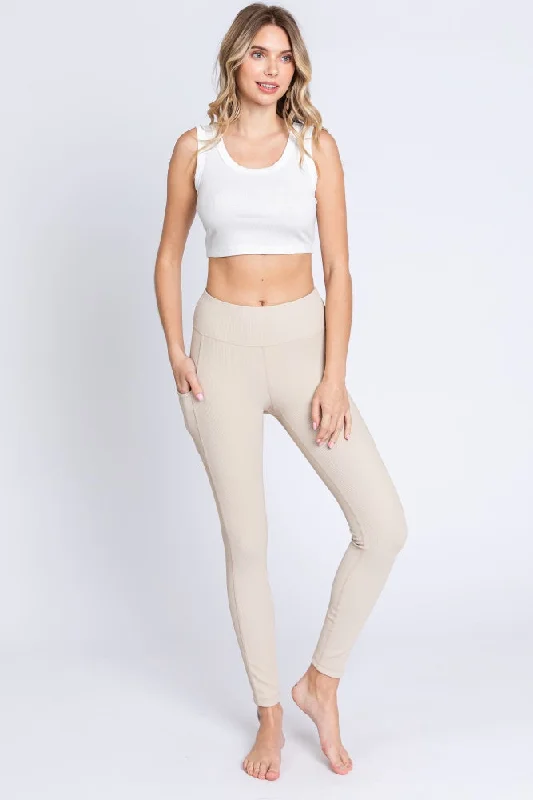 Age-reducing Style Beige Ribbed Active Leggings