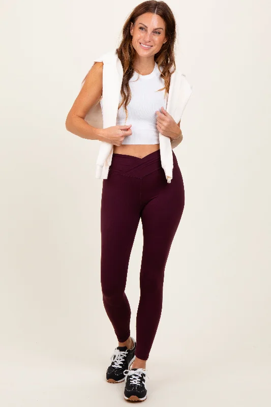 Fashion And Simplicity Burgundy Crossover Waistline Leggings