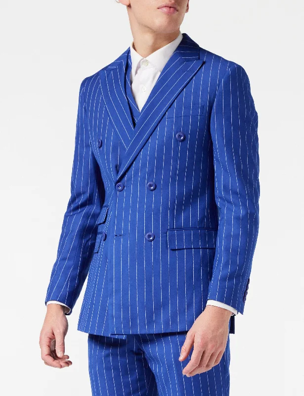 Laid-Back Style BLUE DOUBLE BREASTED WIDE CHALK STRIPE JACKET